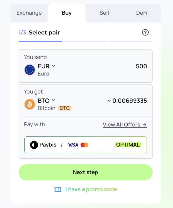 Changelly Buy tab showing EUR to BTC with Paybis as the selected payment provider