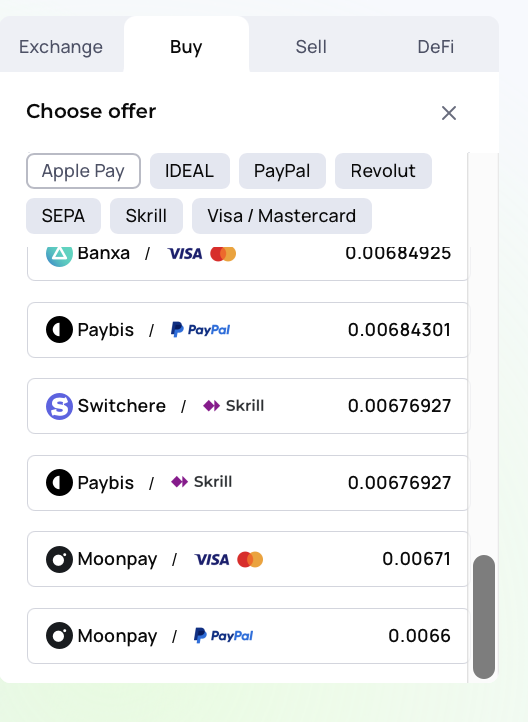 Changelly buy offer list showing multiple payment providers and available payment methods