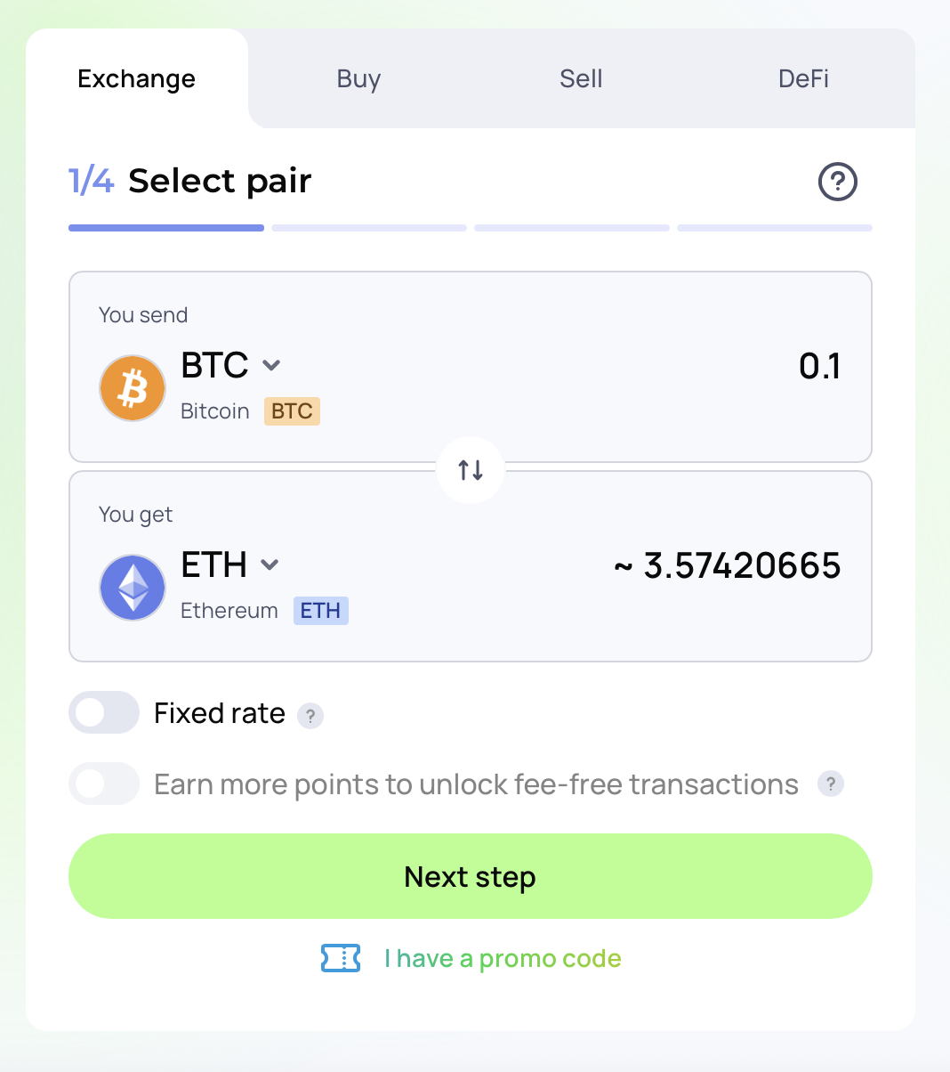 Changelly exchange interface showing a BTC to ETH swap with fixed rate option visible