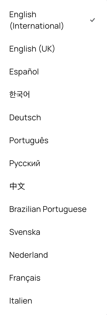 Changelly language selection menu showing available interface languages