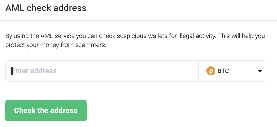 ChangeNOW AML address check screen showing risk assessment tools in the platform interface