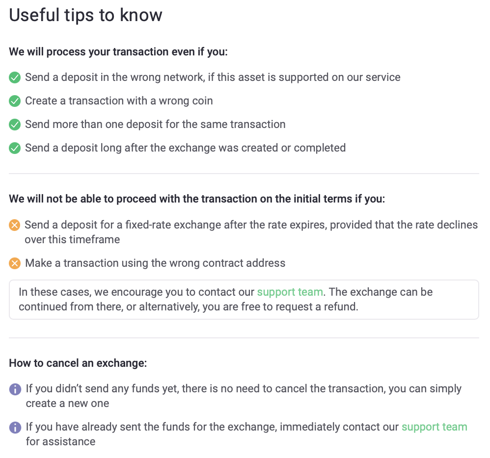 ChangeNOW useful tips screen showing transaction rules before users send funds, including network compatibility notes and fixed-rate expiry warnings