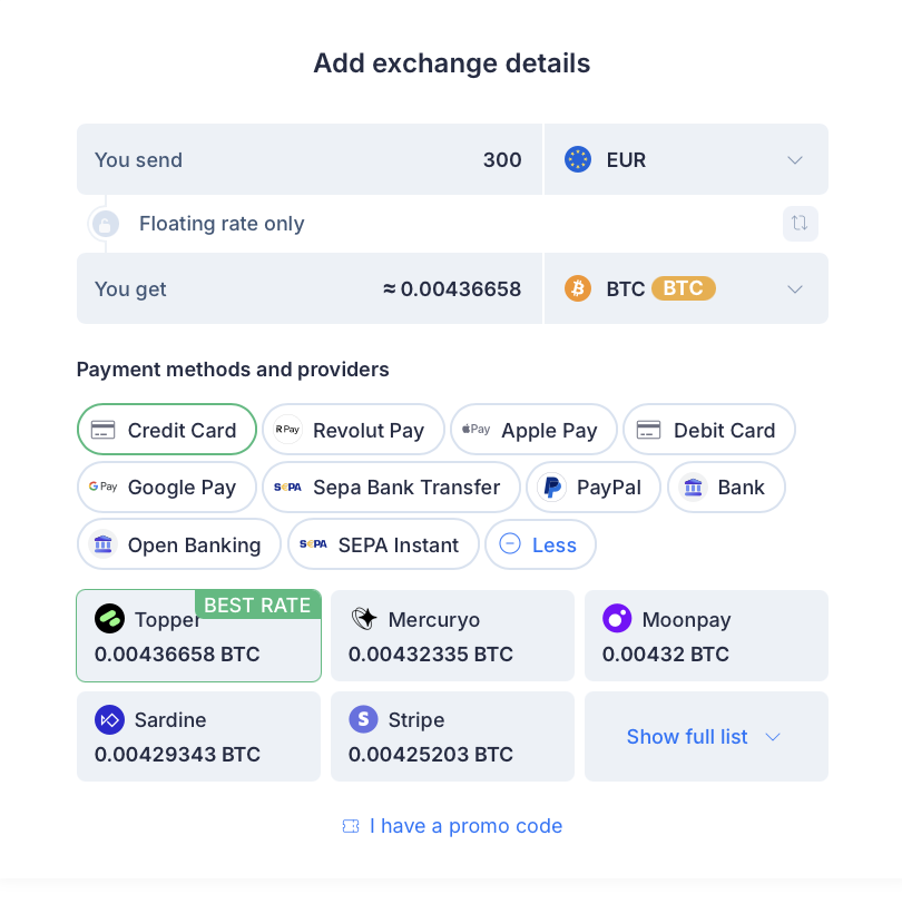 SimpleSwap buy offer screen showing multiple providers and BTC output amounts for 300 EUR input